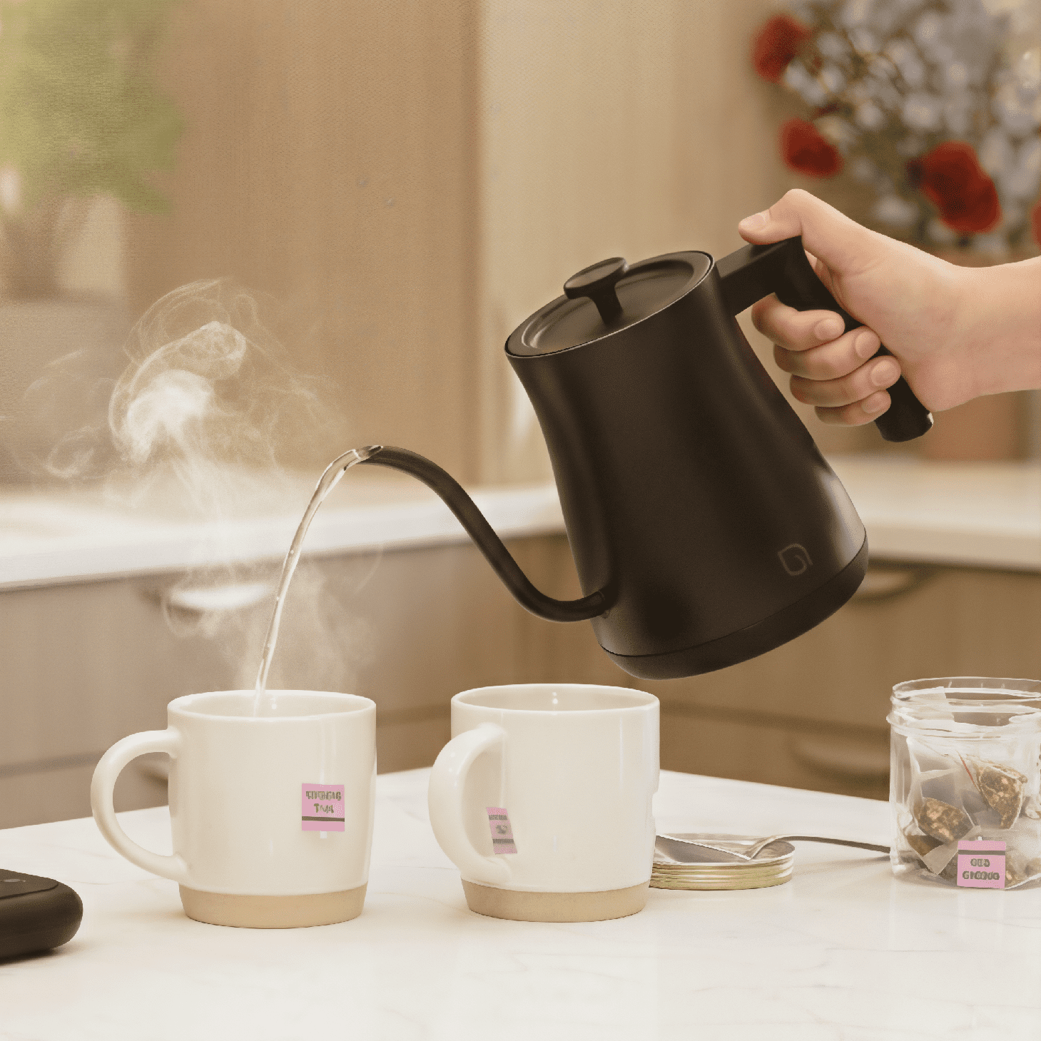 Willow Kitchen 1L Gooseneck Electric Kettle for Pour Over Coffee & Tea, Temperature Control & Automatic Shutoff, Rapid Boil Hot Water Kettle Pot, Black