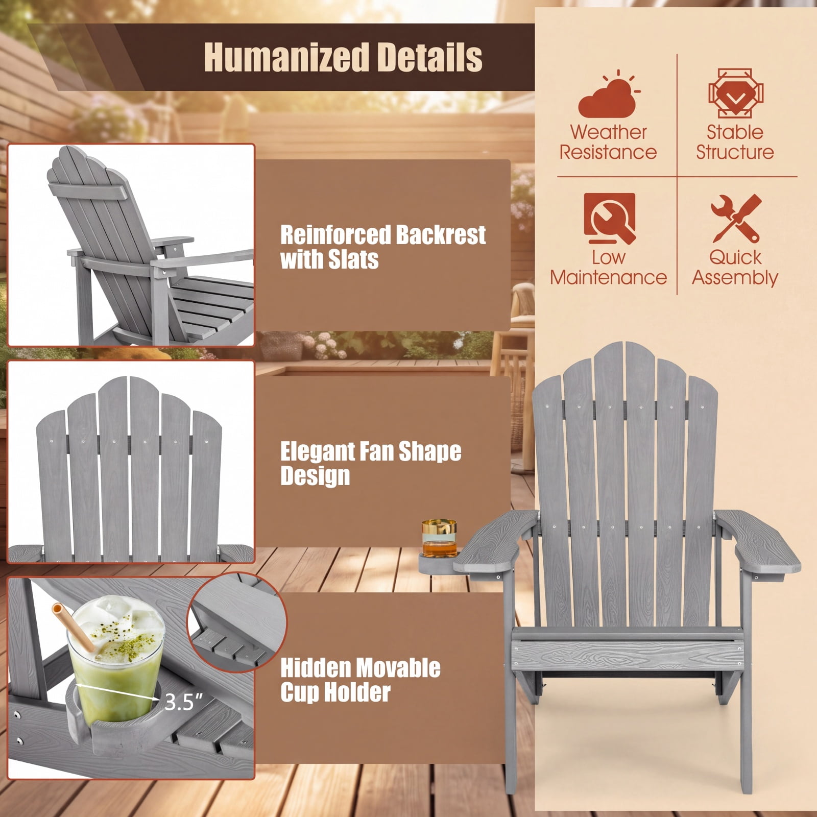 Furnibear Weather Resistant HIPS Outdoor Adirondack Chair with Hidden Cup Holder and High Backrest for Garden Patio and Poolside, Gray