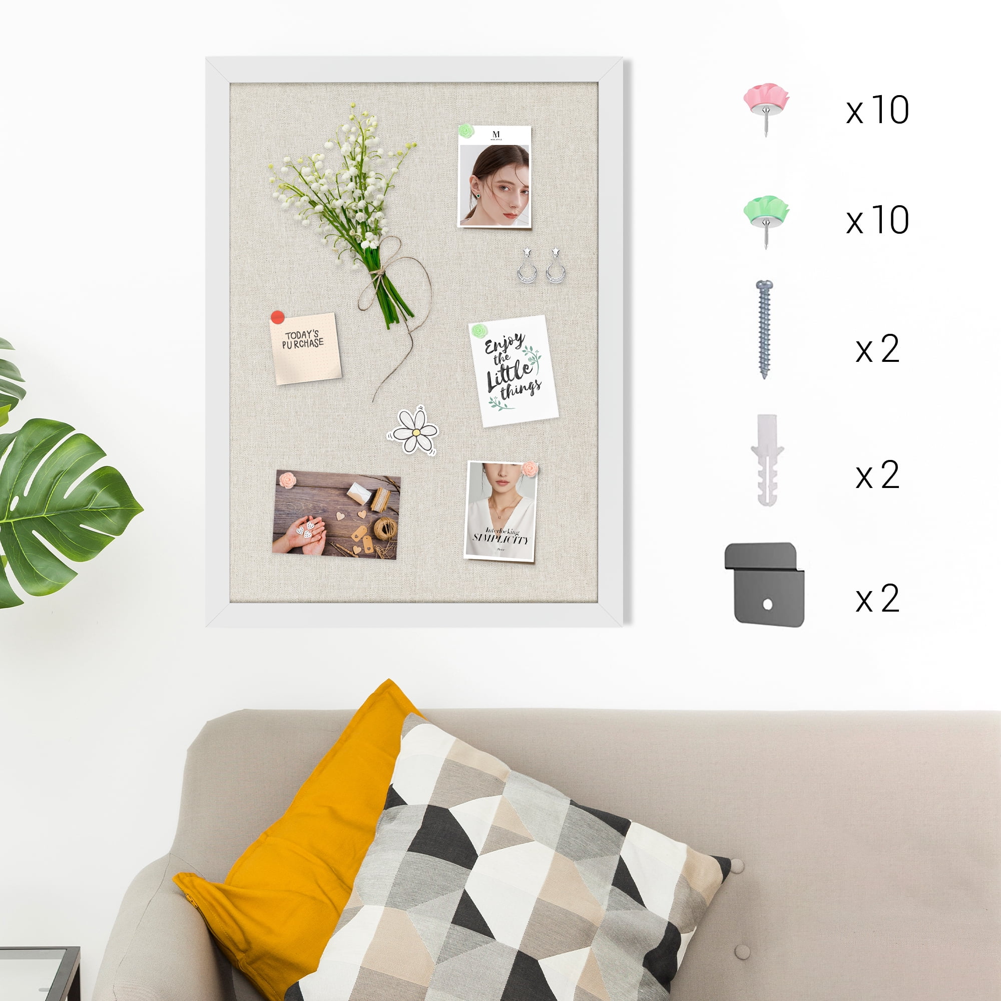 48" x 32" Bulletin Board with Linen Wooden Frame Cork Board with 20 Pushpins, Wall and Office Decor for School, Home & Office, White