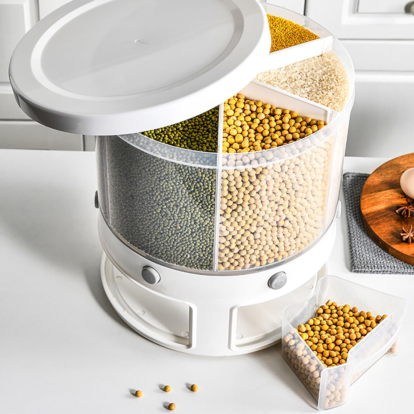 MOQIN Rice and Grain Dispenser, 360° Rotating Food Storage Container, 6-Compartment Dry Food Dispenser with Lid, Airtight Storage for Small Grains,Beans,Rice