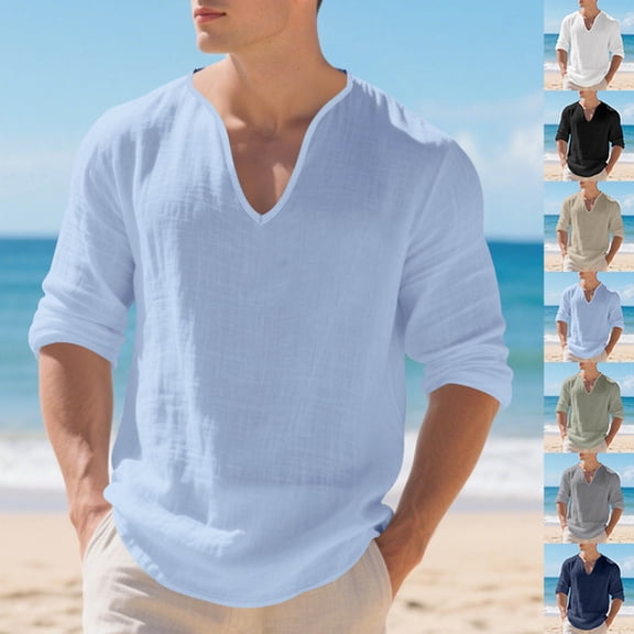 Dagugfen Cotton Linen Shirts for Men Ruched Half Sleeve Lightweight V Neck Casual Beach Travel Shirts
