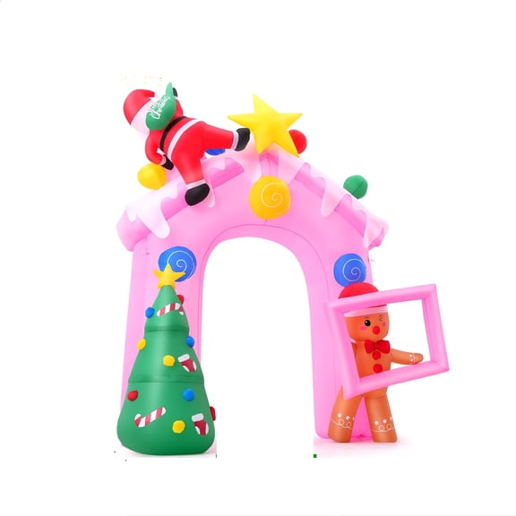 Funcid 10FT Pink Christmas Inflatable Archway with LED Lights - Candy House Holiday Yard Decoration with Santa & Gingerbread Man