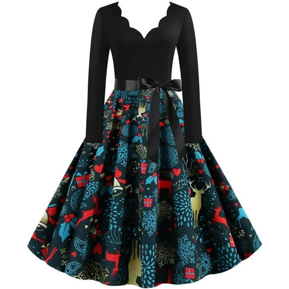 ATTOE Music Note Print Elegant Party Dresses Women 1950s 60s Retro Vintage Robe Plus Size Casual Christmas S-3XL (Color : B010, Size : Large)