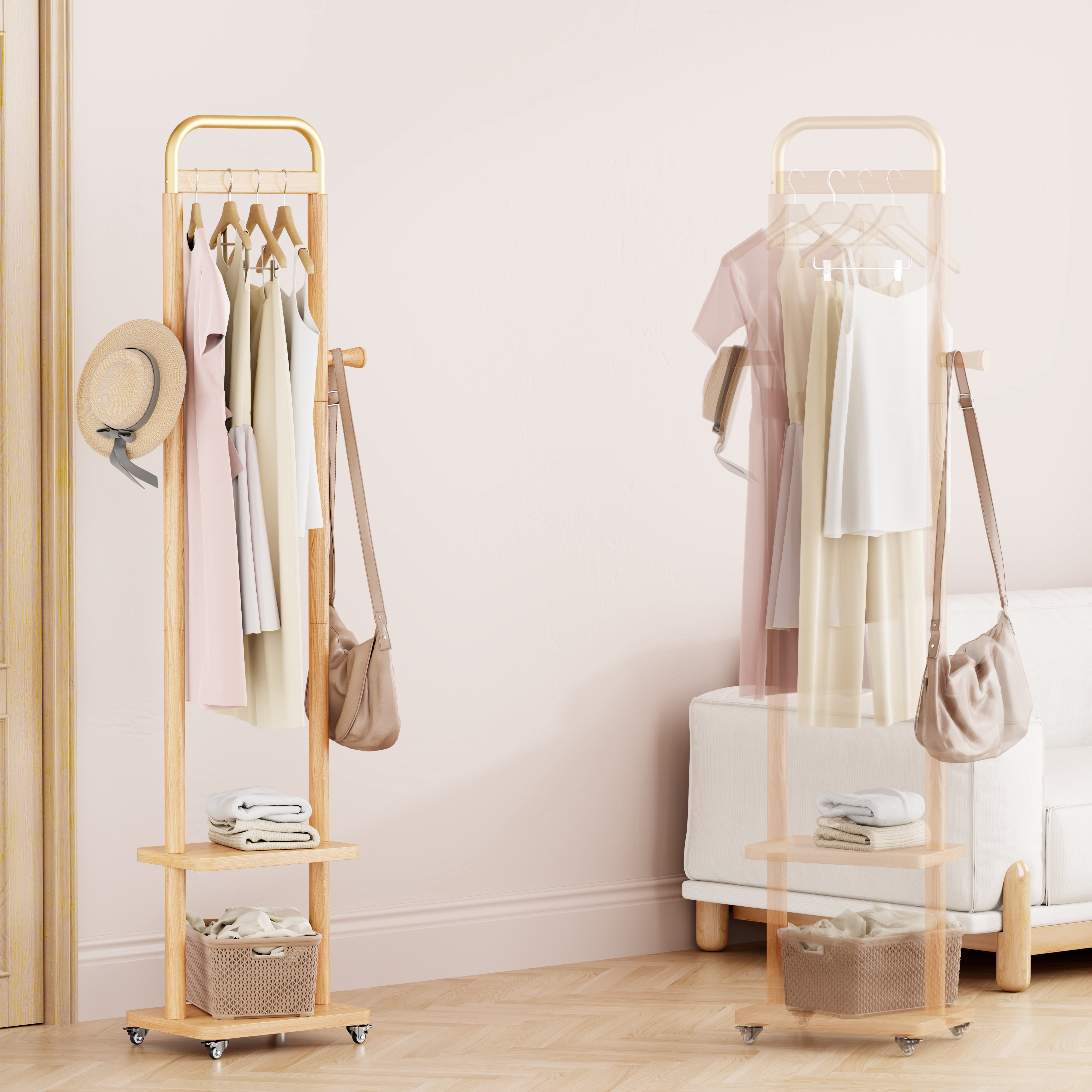 HOQBN 71"H Coat Racks Solid Wood Hanger with Wheel,Easy to Assemble for Bedroom,Hallway,Living Room,Natural