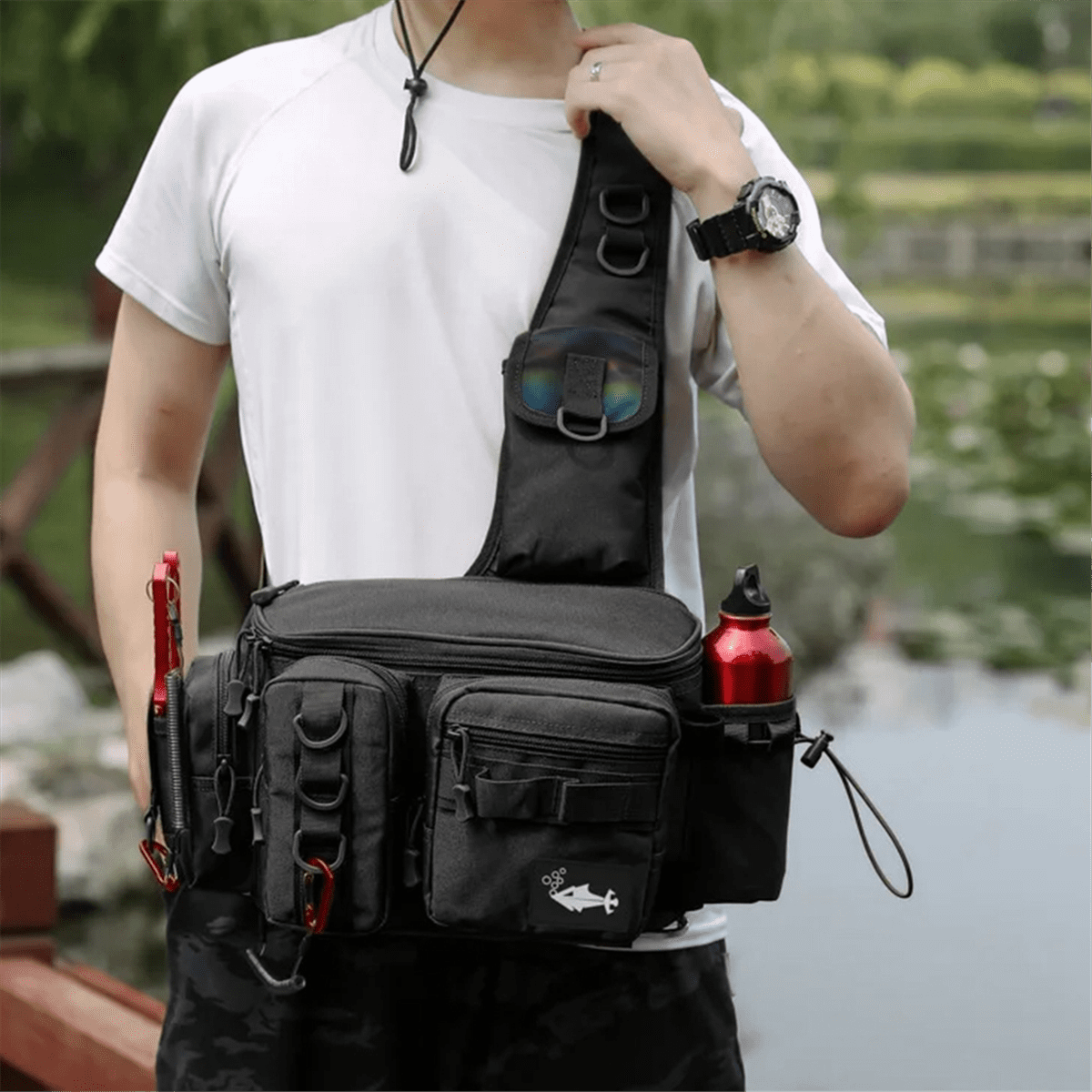 Fishing Tackle Backpack Lure Box Gear Storage Bag Fanny Pack Fly Fishing Backpack with Rod Holder Sling Shoulder Bag-B