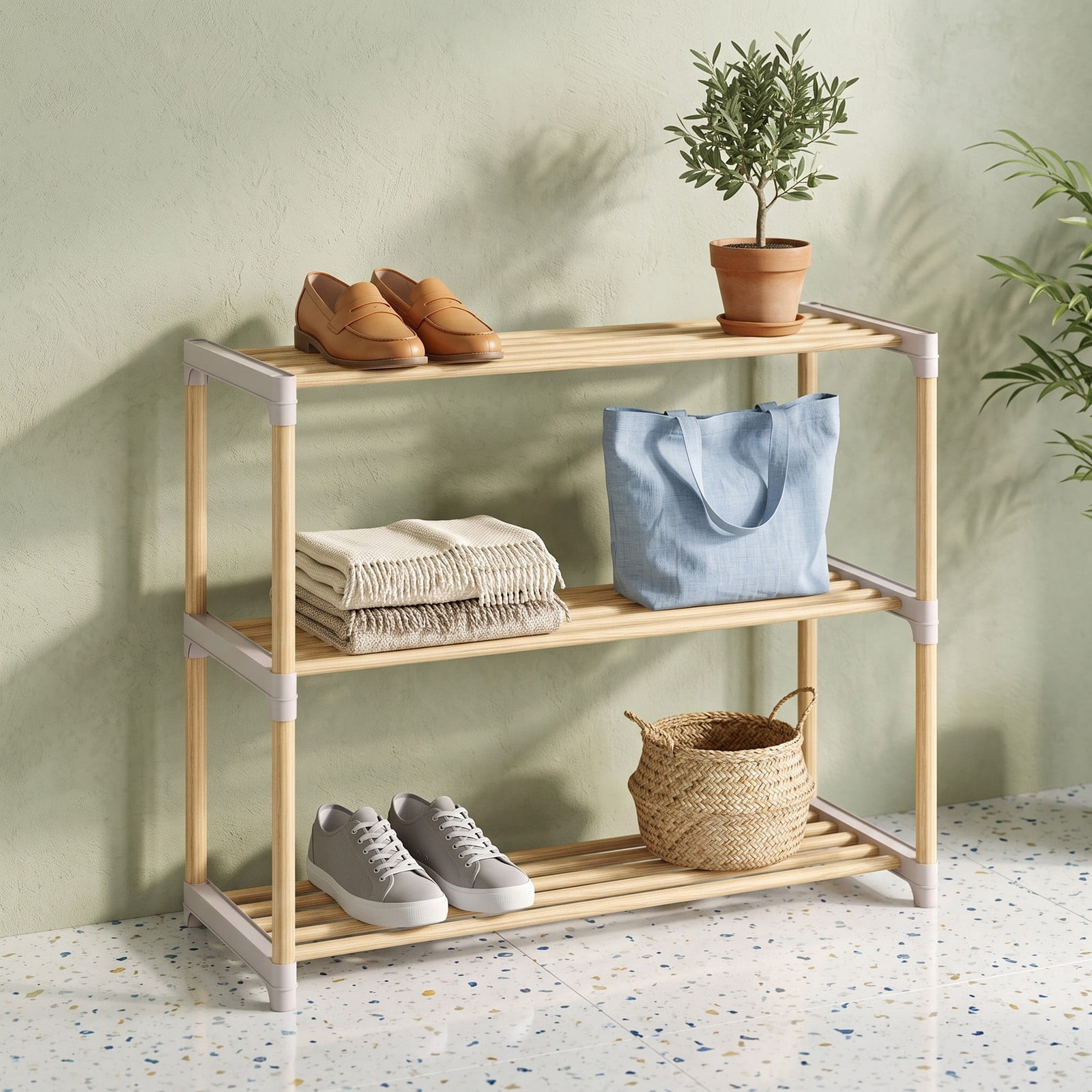 Furnibear 3-Tier Solid Pine Wood Shoe Rack with Slatted Open Shelves for Entryway Closet and Bedroom Storage, Natural and Gray