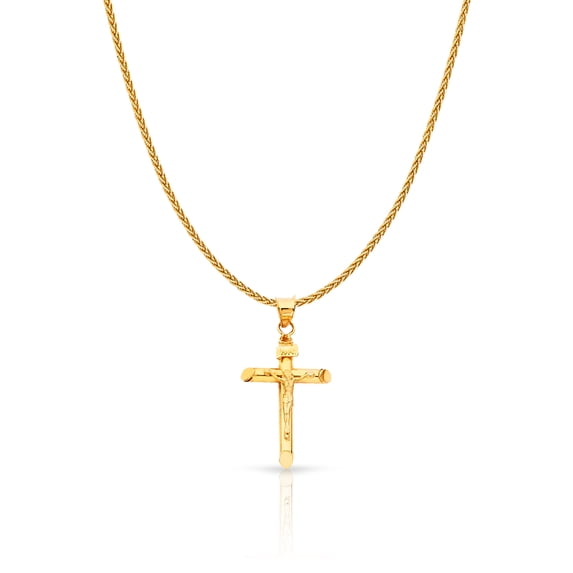 14K Yellow Gold Crucifix Charm Pendant with 1.1mm Wheat Chain Necklace - 22"