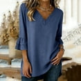 thumbnail image 2 of Womens Tops Ruffle 3/4 Sleeve Dressy Casual Shirts Solid Color V-Neck Tunic Summer Vacation Blouse Blue, 2 of 6