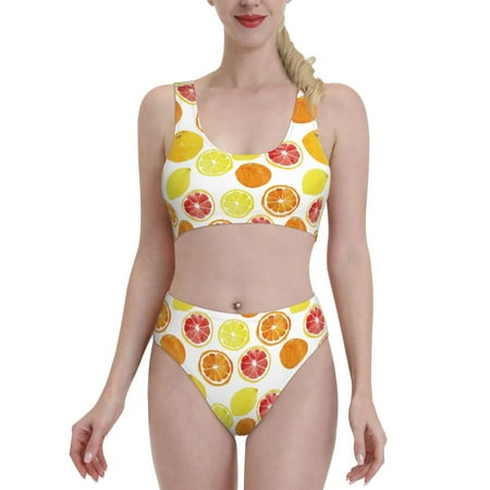 Daiia Lemon Orange printed 2 piece Swimsuit Bikinis for Women High Waisted Racerback Bathing Suits Summer Tummy Control Scoop Neck Swimwear-XX-Large
