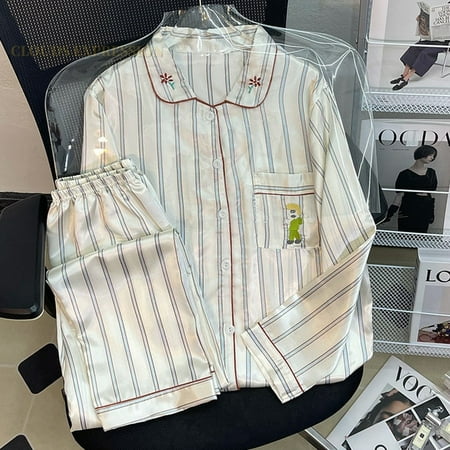 

QWZNDZGR Spring Elegant Ladies Faux Silk Polyester Pajama Sets Sexy Homewear Womens Casual Luxury Pajamas Panda Pajamas Female Sleepwear