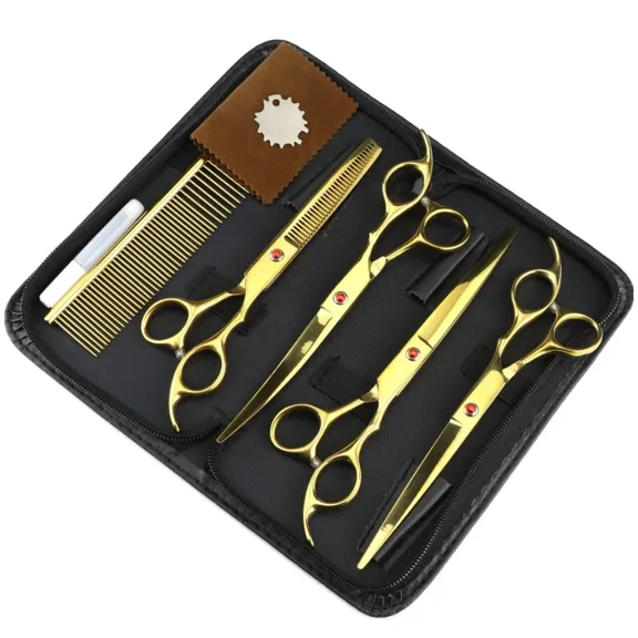 Gold 1 set Dragon Pet Scissors 7'' Stainless Dog Groomming Scissors Kit Straight Shears Thinning Shears Chunker Curved Shears Z3003