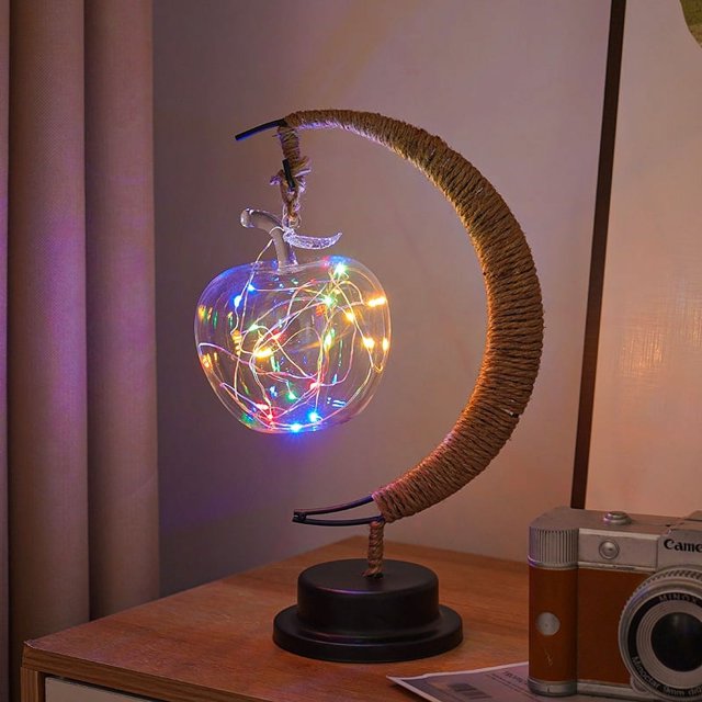 Luz decorativa LED con forma de estrella, luz de luna, luz de Navidad de manzana, regalo de cumpleaños, cuerda de cáñamo hecha a mano, luz de noche de hierro USB
