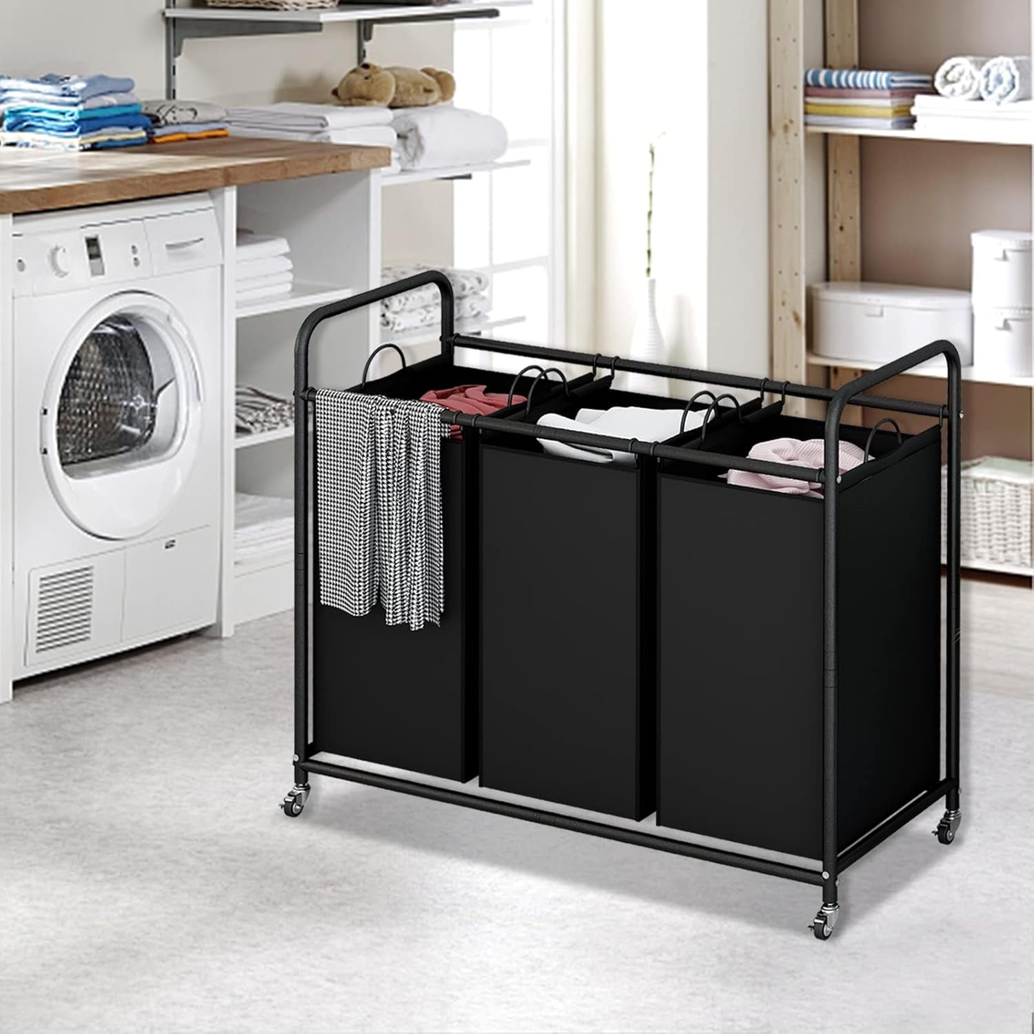 SUOERNUO 3-Bag Laundry Sorter Cart with Wheels – Heavy Duty Rolling Hamper with Removable Bags for Laundry Room Organization (Black)