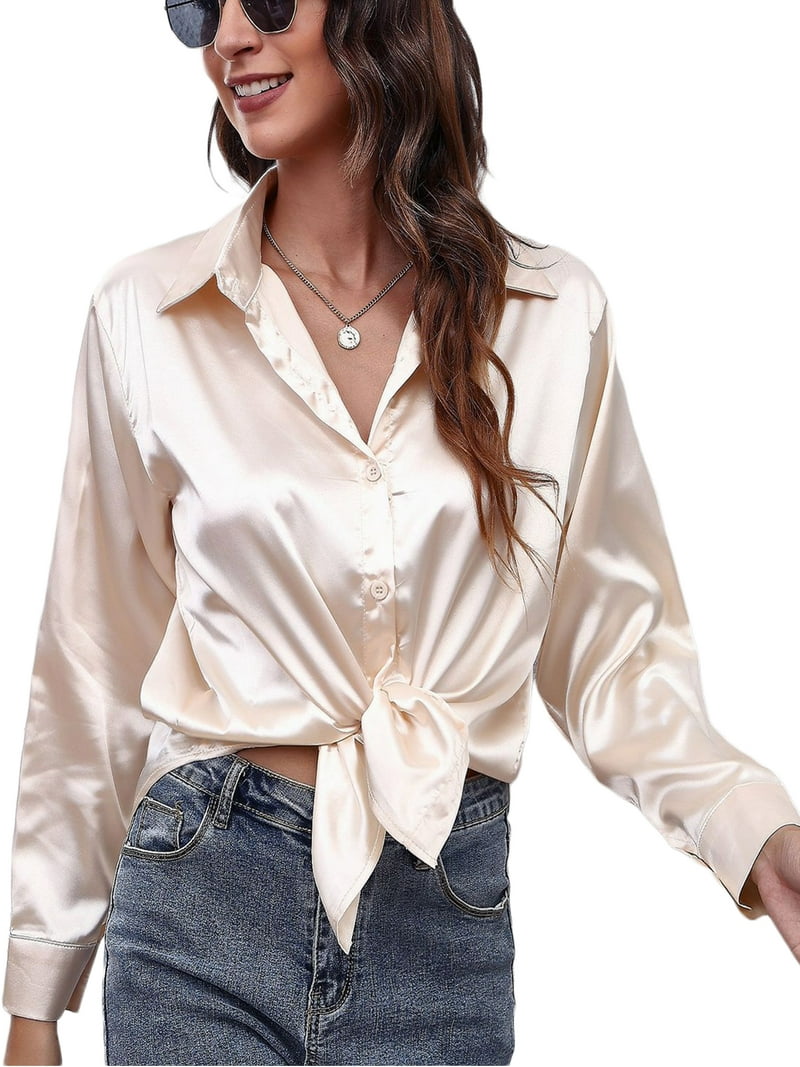 Capreze Womens Button Down Shirt Long Sleeve Work Dress Shirts V Neck Plain  Business Casual Blouses for Women L Champagne