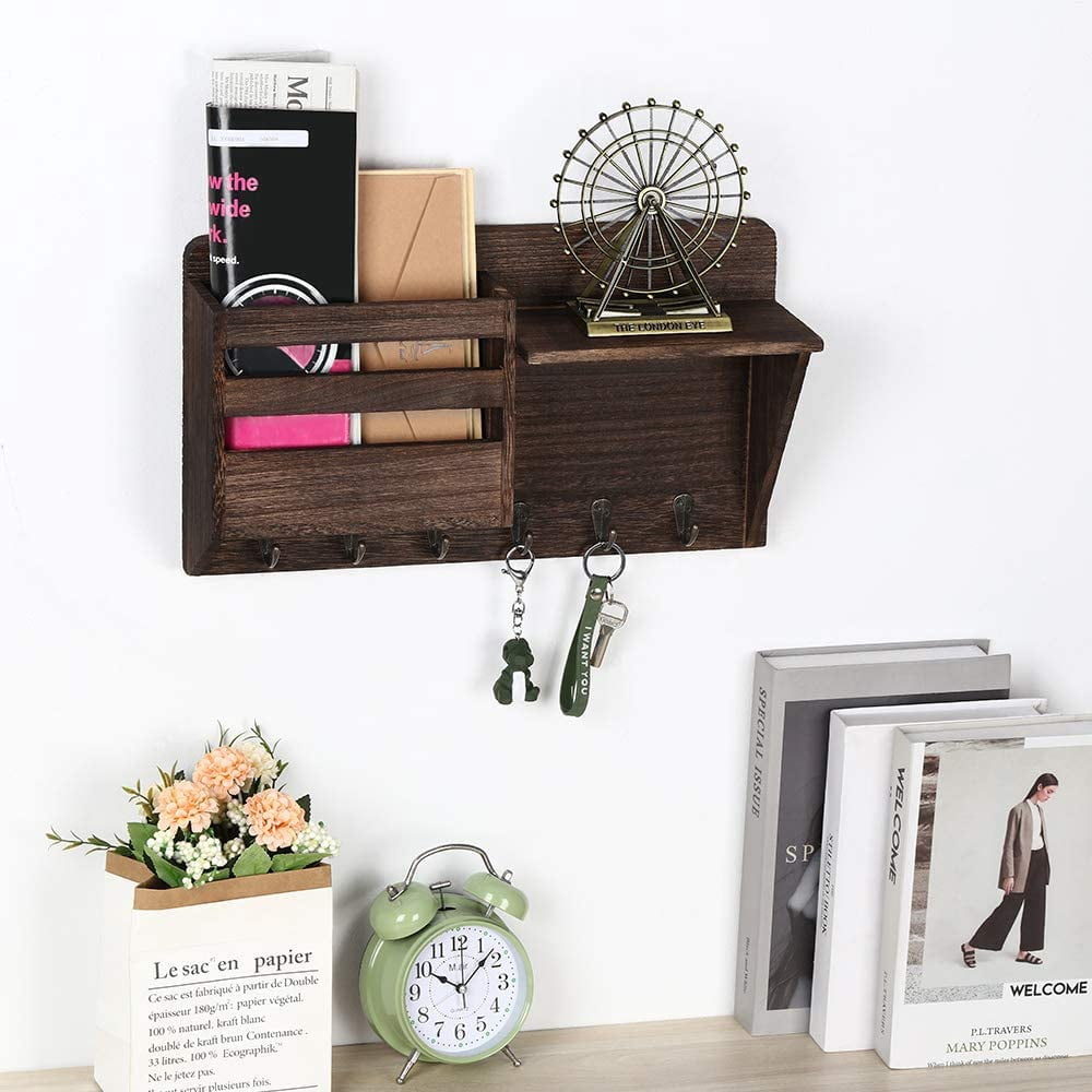 Oumilen Wall Mount Hanging Organizer with 6 Hooks, Brown