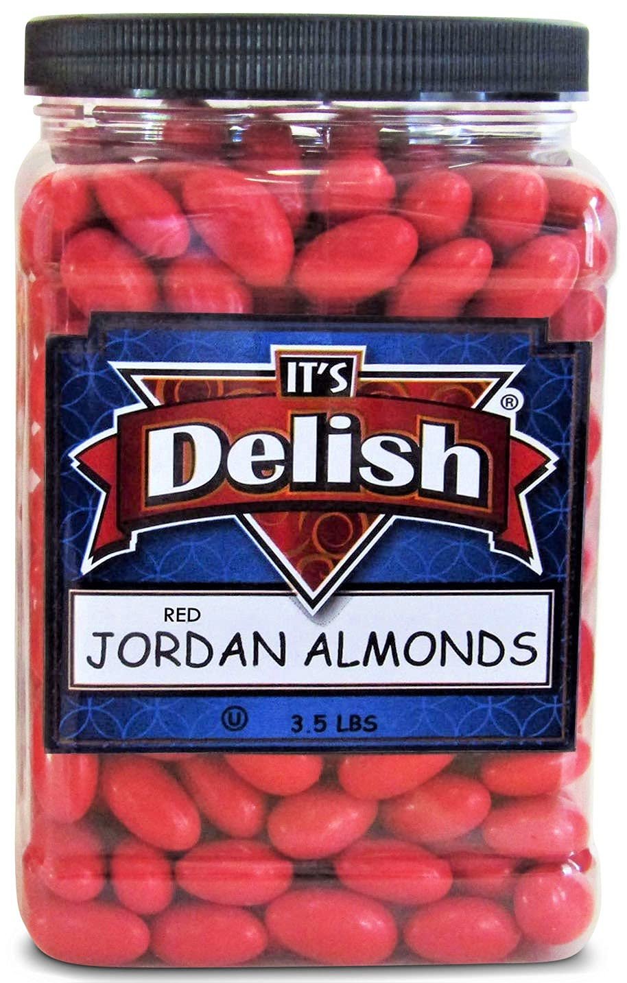 Red Jordan Almonds by Its Delish, 3.5 lbs Jumbo Container  Sugared Almond Nut with Sweet Hard Candy Coating - Bulk Wedding Favors and Party Buffets - Vegan & Kosher
