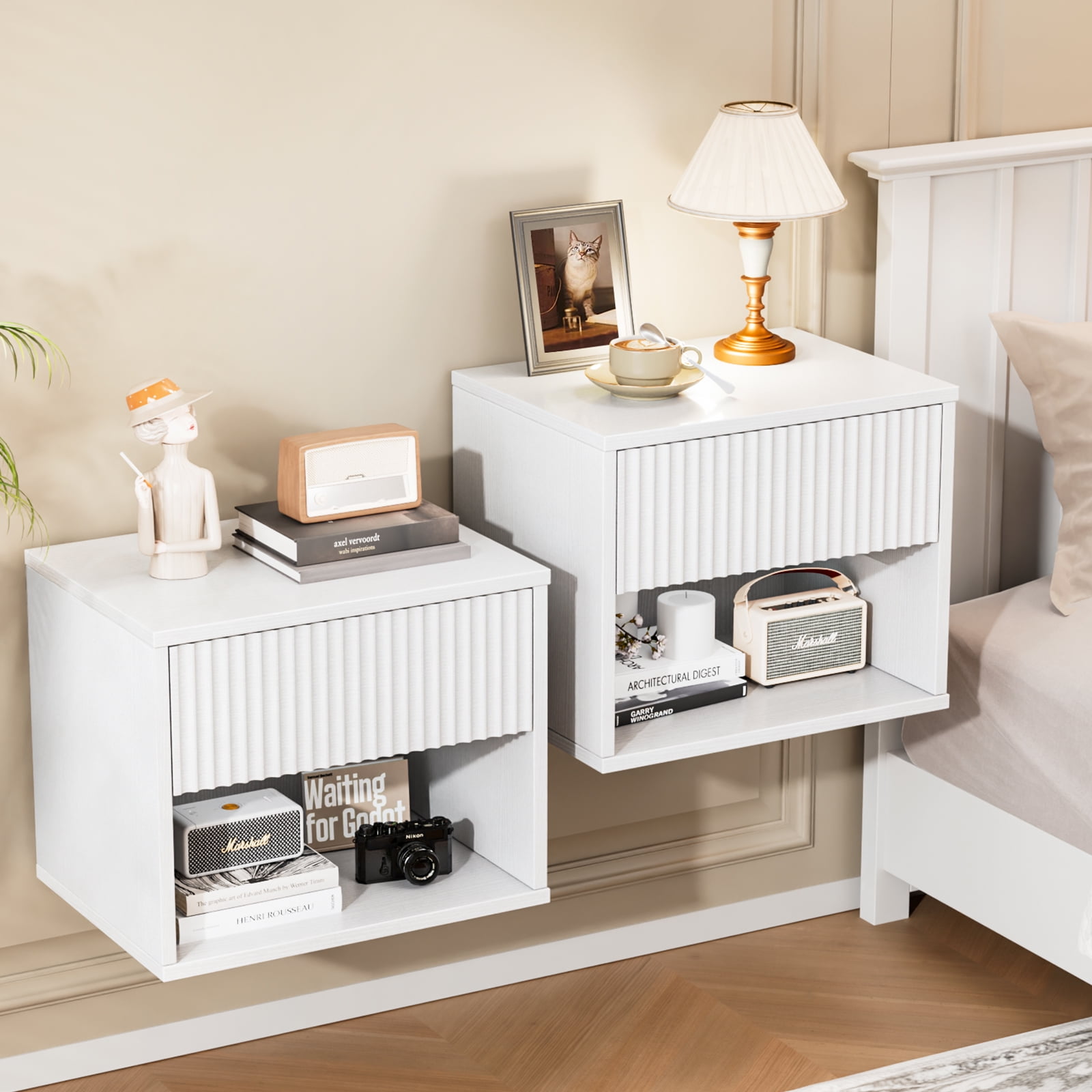 Zimtown Fluted Floating Nightstand Set of 1, End Table Wooden Bedside Table Large Capacity Easy to Assemble, White
