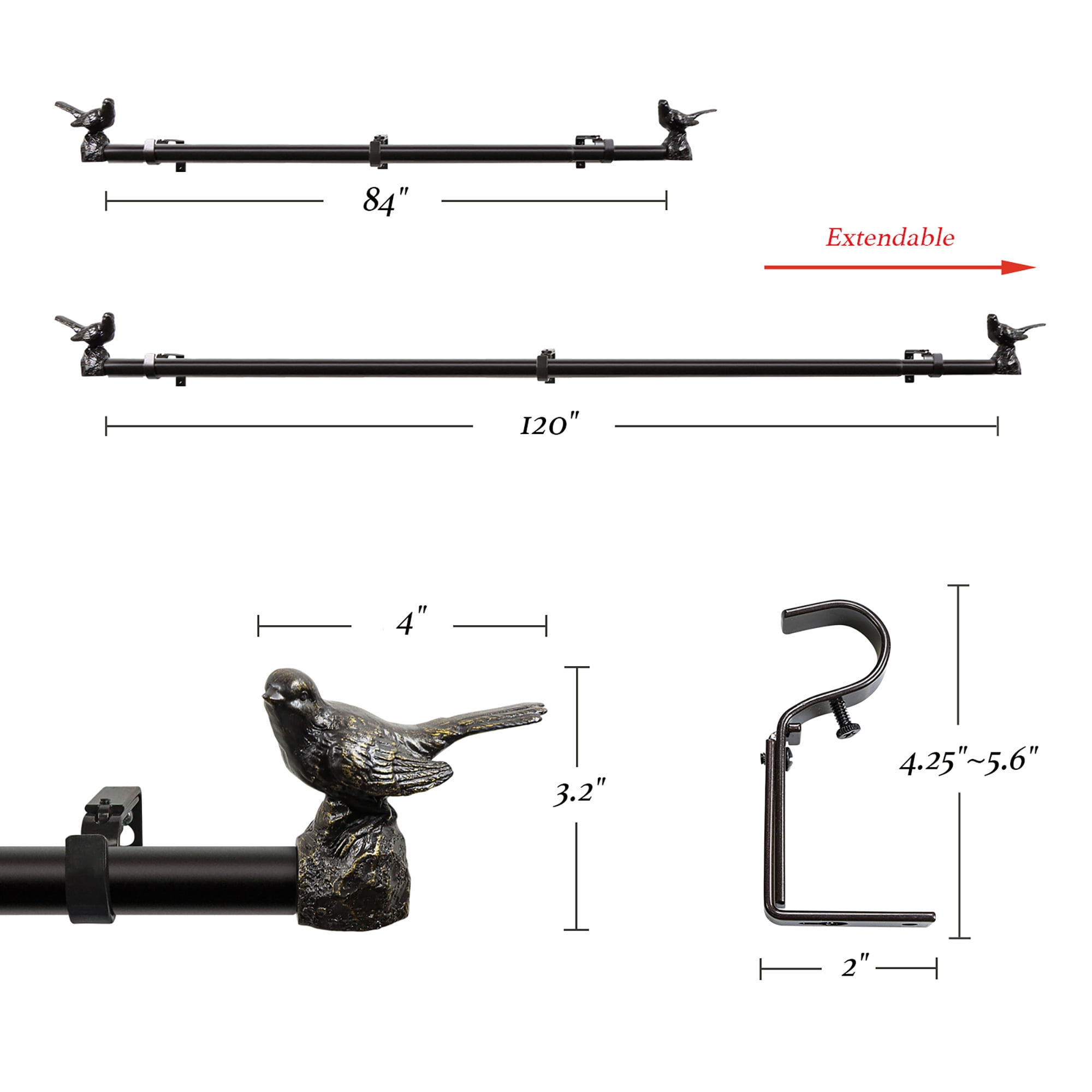 MERIVILLE 1" Single Curtain Rod Set, Adjustable 84–120 Inches, Bird Finials, Oil-Rubbed Bronze