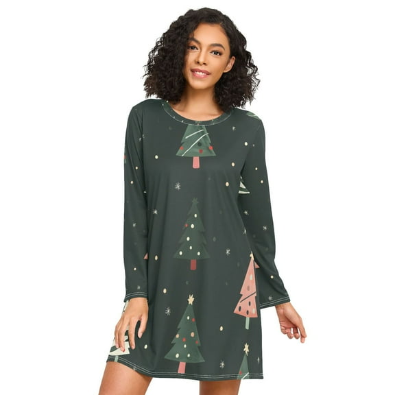 FORMRS Womens Long Sleeve Nightgowns Crew Neck Sleep Shirt Soft Pajamas Sizes S-3XL, Green Christmas Trees