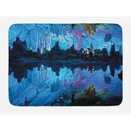 - Natural Cave Bath Mat, Illuminated Reed Flute Cistern with Artifical Crystal Palace Myst Cave Image Print, Non-Slip Plush Mat Bathroom Kitchen Laundry Room Decor, 29.5 X 17.5 Inches, Blue, Ambesonne