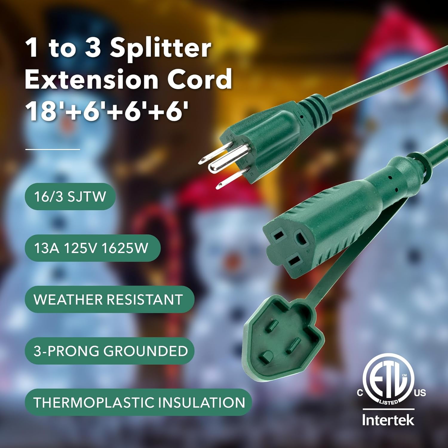 BN-LINK 1 to 3 Splitter Extension Cord, 24 ft End to End(36 ft Total), Multi-Outlet Power Cord, 16/3 SJTW Weather Resistant for Lighting, Landscaping & Holiday Decorations, Grounded, ETL