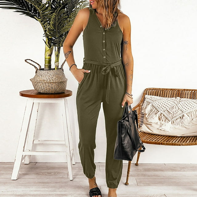 Pantalons Liquidation Tendance Combinaison Décontractée Sans Manches à Bretelles Col en V Vert Armée L