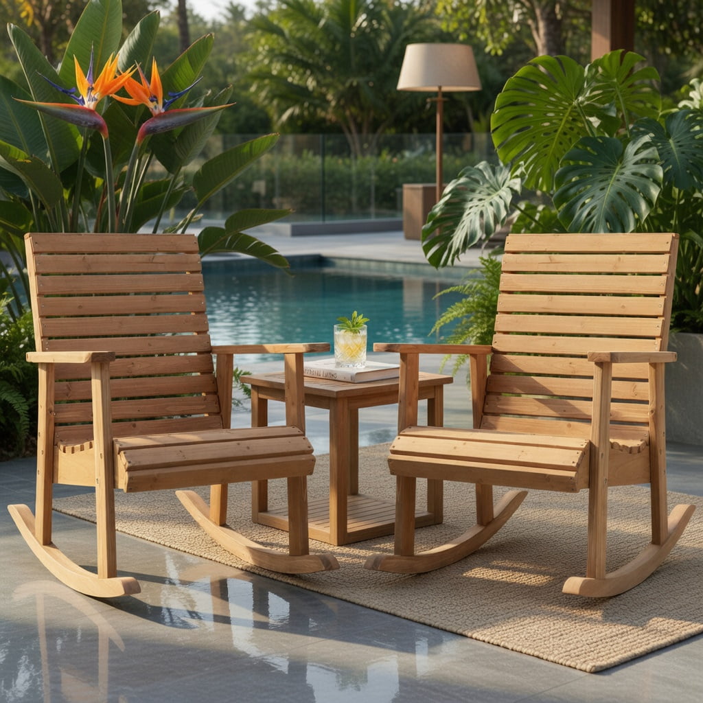 Hommoo Fir Wood Outdoor Rocking Chair with High Backrest, for Porch & Patio Seating, Brown