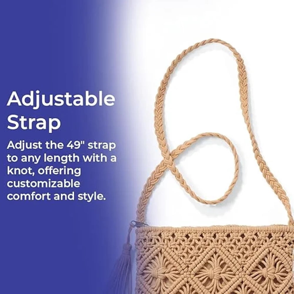 Woven Crossbody Bag for Women, Cotton Macramé Purse with Tassels, Boho Crochet Beach Summer Handbag for Vacations, 10” x 8”