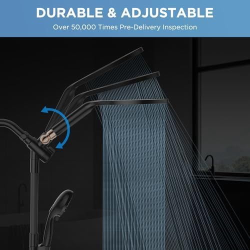 Dual Handheld Shower Head Combo, 2-in-1 Rain Shower Heads System 8 Inch Rainfall Shower Head and 10 Modes High Pressure Hand Held Showerhead with Built-in Power Wash Black,Standard-Round