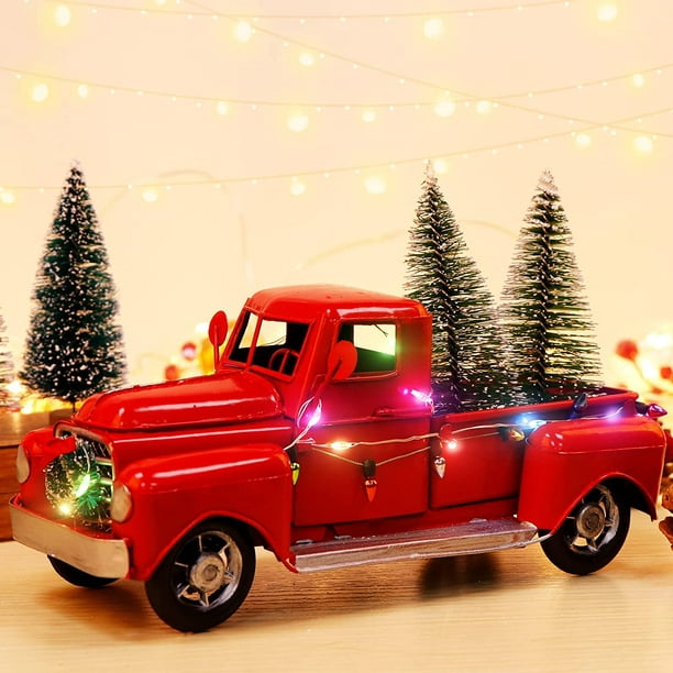 HSD Christmas Farmhouse Red Truck Decor, LED String Lights Vintage Red  Metal Pickup Truck Car Model with Mini Christmas Trees Ornaments, for  Christmas
