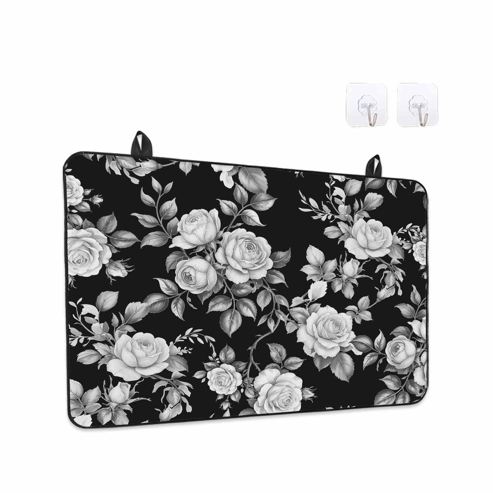 Black Rose Stove Top Cover for Electric Stove, Heat-proof & Non Slip Glass Top Stove Cover Protector, Vintage Pastoral Botanical Floral Leaves Vines Kitchen Flat Cooktop Rubber Mat 31x24 Inches