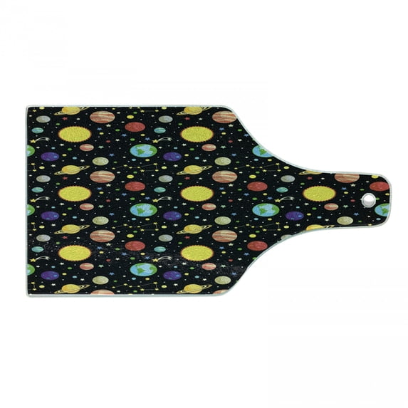 Space Cutting Board, Comets and Constellations Stars with Polka Dots Earth Sun Saturn Mars Solar System, Tempered Glass Cutting and Serving Board, Wine Bottle Shape, Multicolor, by Ambesonne