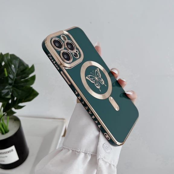 Allytechgroup Magnetic Butterfly Design Back Cover Magnetic Cell Phone Case for Apple iPhone 12 Pro, Green