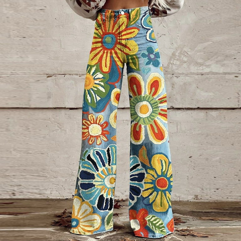 Tnhcen Women's Abstract Floral Print Denim Pants Straight Leg