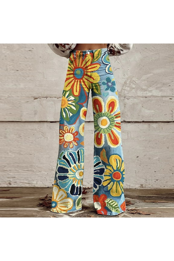 Women's High Waisted Wide Leg Jeans,Flower Printed Baggy Jeans ,Loose Boyfriend Denim Pants Multicolor,Womens Plus M
