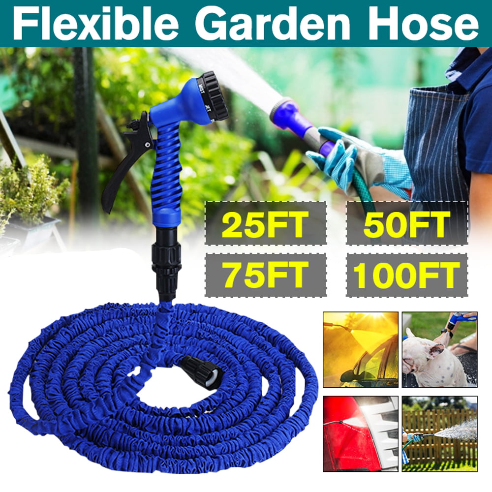 Latex 25/50/75/100FT Expanding Flexible Garden Water Hose W/Spray Nozzle Supply 