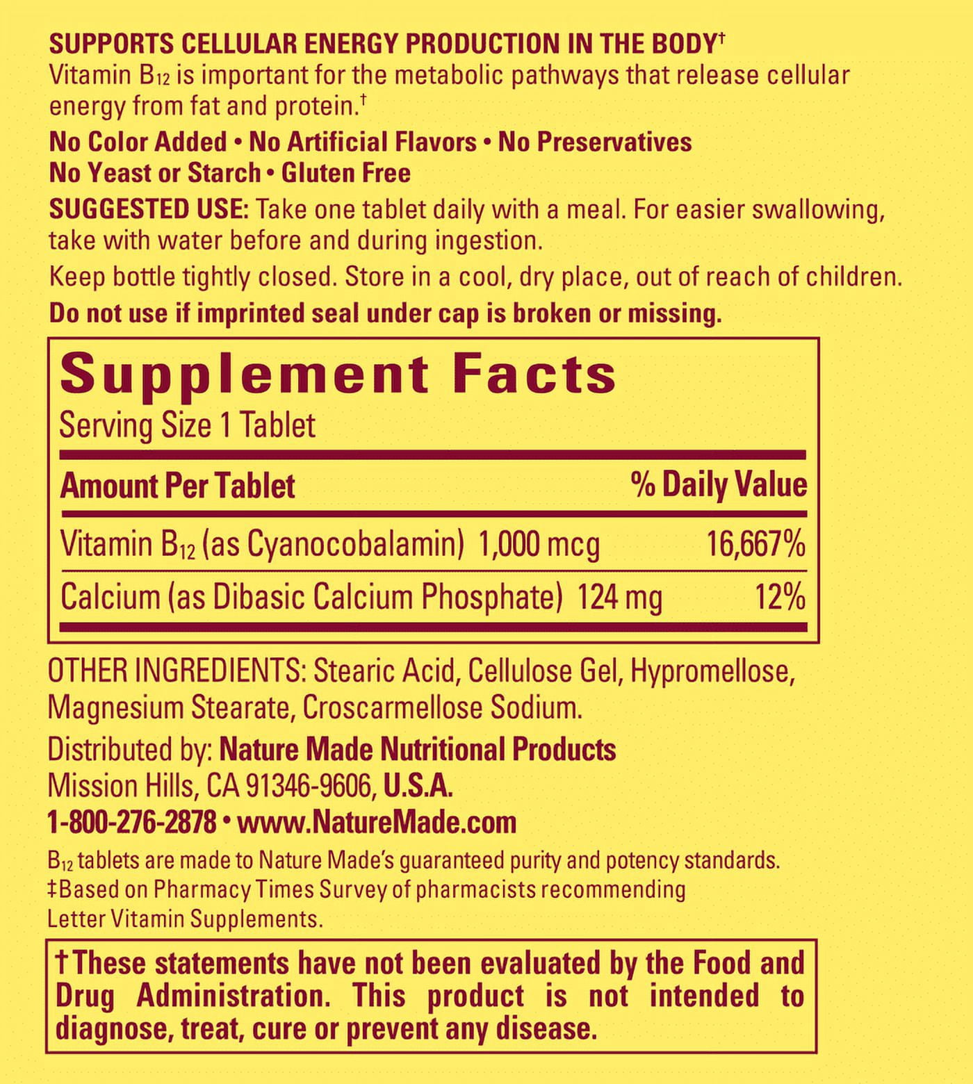 Nature Made Vitamin B12 Tablets, 1000mcg Everyday Value, 190 count
