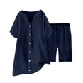 thumbnail image 4 of GILIGEGE Linen Sets for Women 2 Piece Summer Women's Solid Color Fashion Casual Cotton Linen Pocket Long Sleeve Shirt Short Jacket Suit Lounge Beach Vacation Two Piece Outfits Tracksuits Dark Blue L, 4 of 8