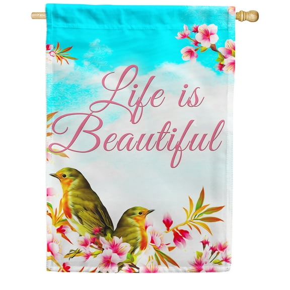 America Forever Life is Beautiful House Flag 28 x 40 inch Birds Floral Spring Summer Inspirational Double Sided Live Love Laugh Happiness Seasonal Yard Outdoor Decorative Motivational Flag