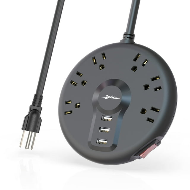 ZSIMC Regleta de alimentación, 6 tomacorrientes y 3 puertos USB, cable de extensión de 6.5 pies de largo, protector contra sobretensiones de enchufe circular, núcleo 100% de cobre, estación de carga d