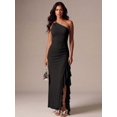 thumbnail image 6 of Womens Black One Shoulder Long Dress, Asymmetric Ruffle Hem With High Slit, 6 of 7