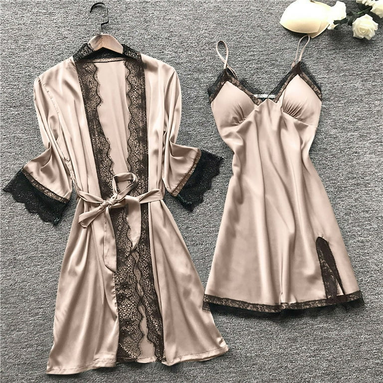 night dress short pants Wancir Womens 5 Piece Satin Pajama Set Lace Camisole Nightgown with Shorts Pants Robe Sleepwear Sexy Floral Nightwear