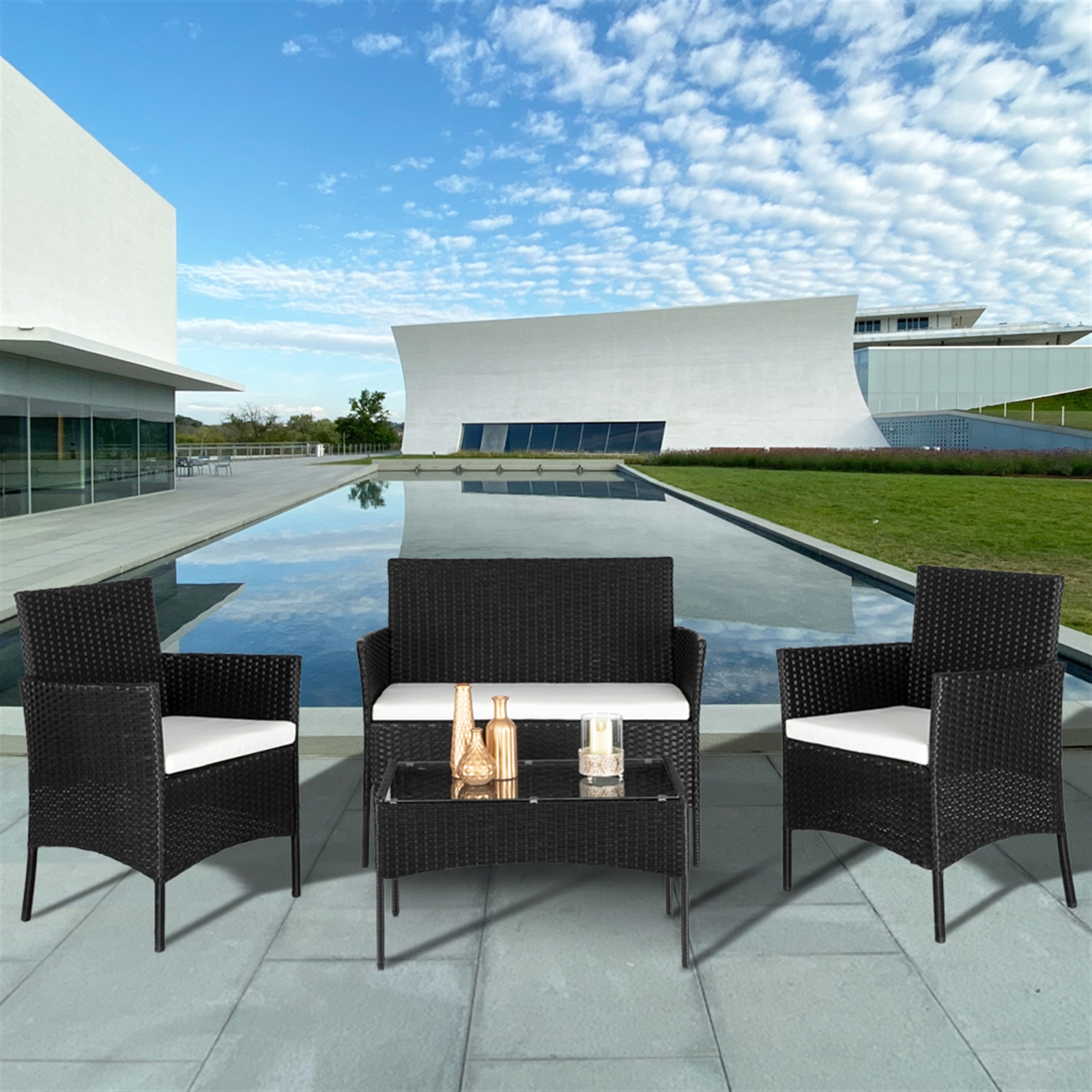 Patio Furniture Sets, MDHAND 4 Piece Wicker Patio Bar Set, 2 Arm Chairs, 1 Love Seat&Coffee Table, Outdoor Conversation Sets, Seating Set For Backyard Lawn Poolside Garden, White Cushions, VG03 - image 2 of 9