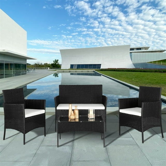 Outdoor Patio Set, iRerts Modern 4 Pieces Front Porch Furniture Sets, Rattan Wicker Patio Furniture Set with Beige Cushion, Table, Patio Conversation Set for Backyard Garden Poolside, Black, R2942