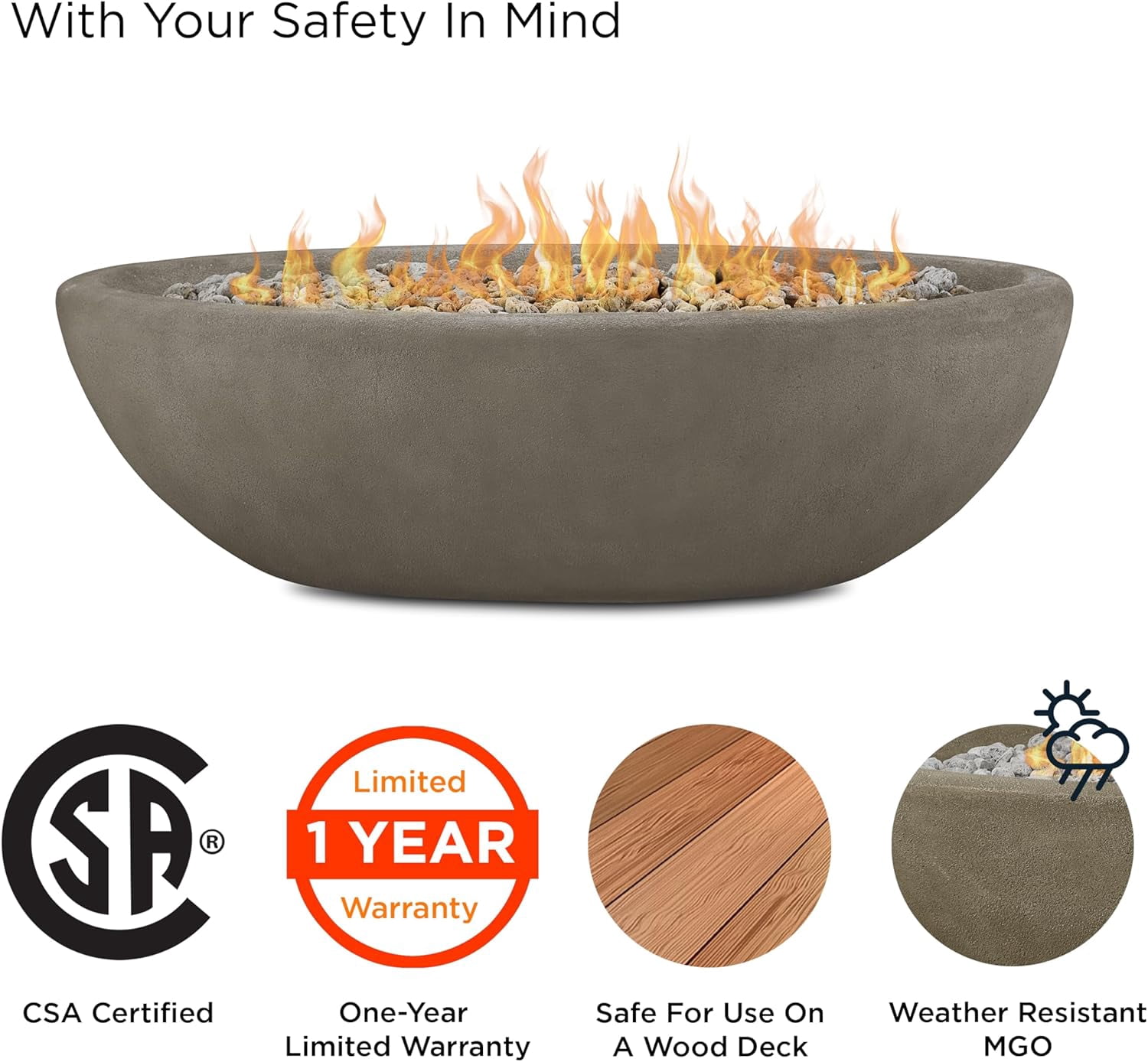 Real Flame Riverside 58" Oval Concrete Propane Fire Pit in Glacier Gray