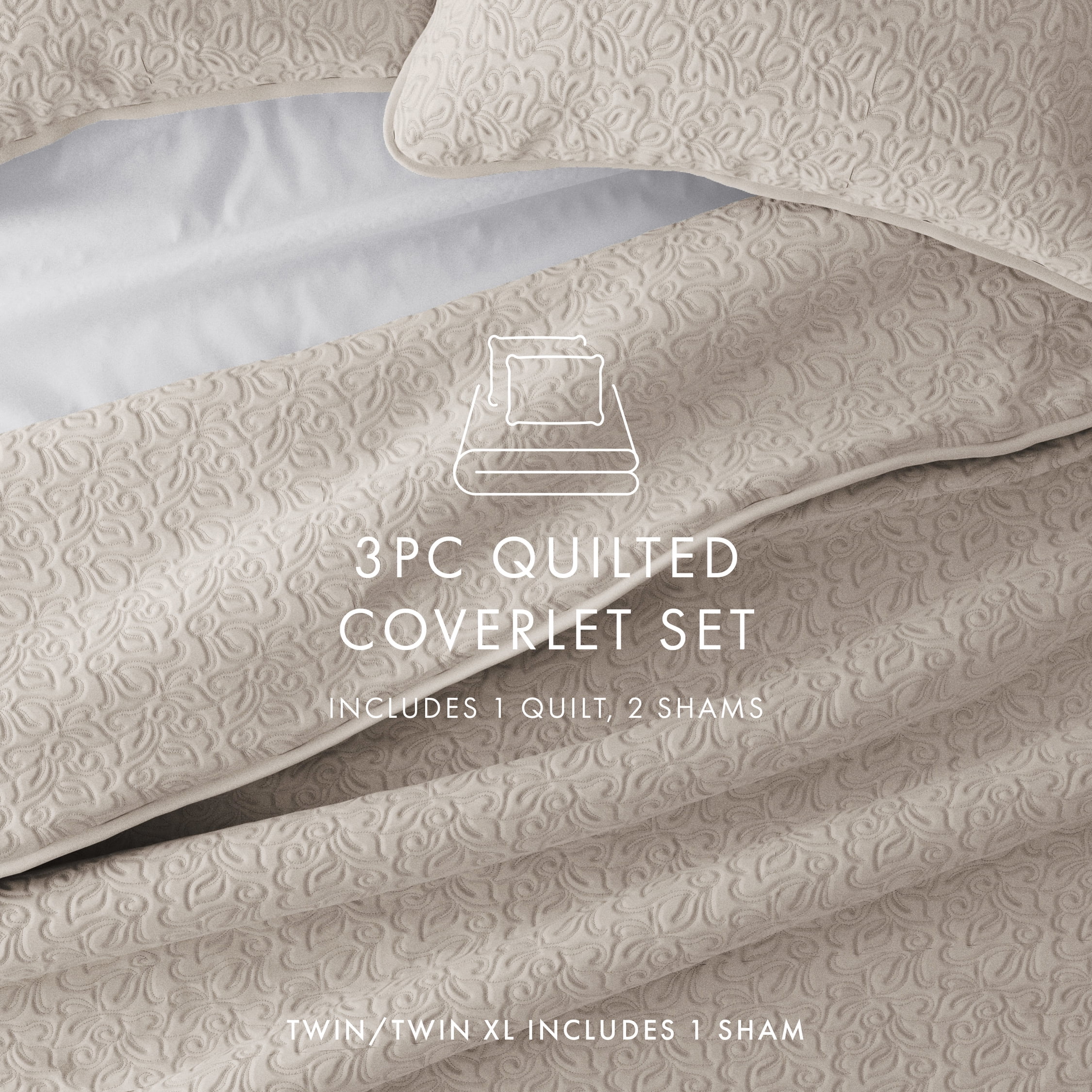 Noble Linens 3 Piece Latte Floral Stitch Quilt Set, Twin / Twin XL