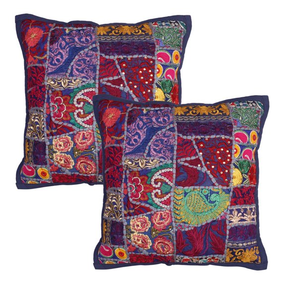 Stylo Culture Ethnic Couch Throw Pillow Covers 16x16 Vintage Patchwork Dark Blue Bohemian 40x40 cm Home Decor Cotton Floral Square Cushion Covers | Set Of 2
