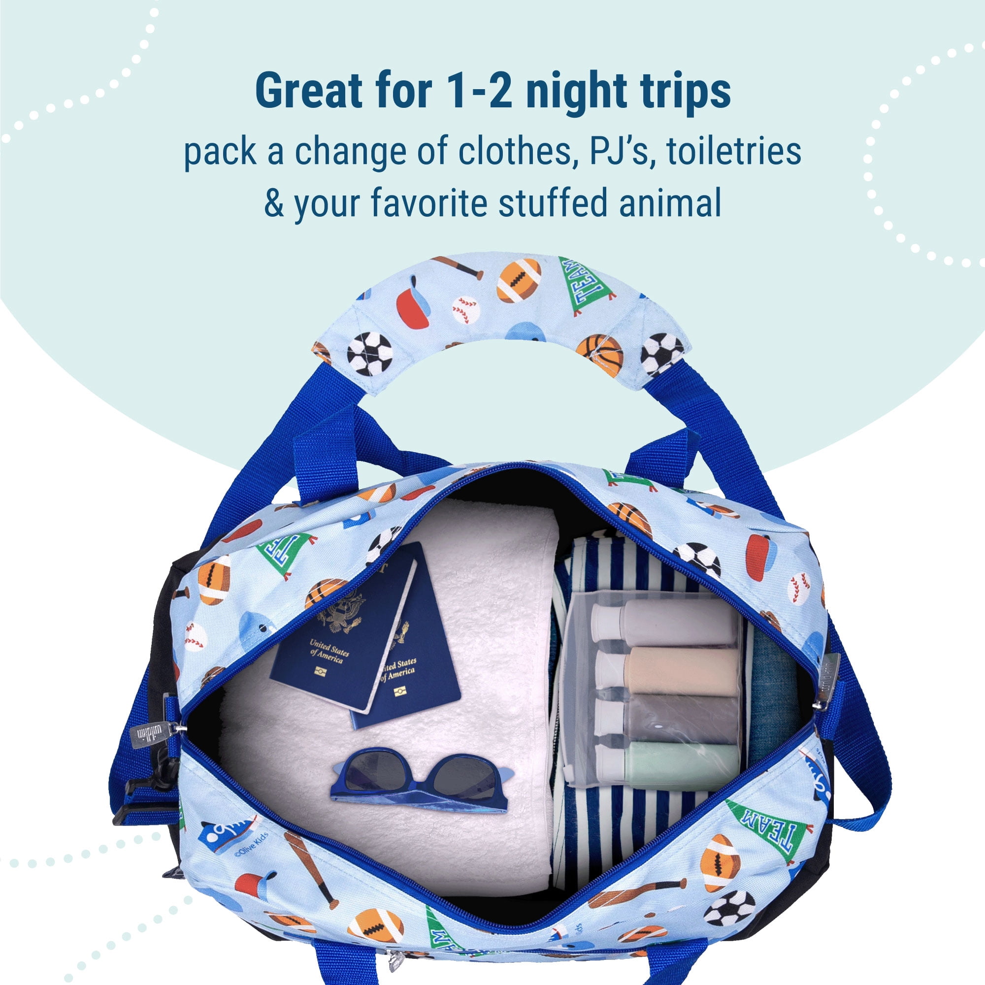 Wildkin Kids Overnighter Duffel Bag for Boys & Girls, Features Two Carrying Handles and Removable Padded Shoulder Strap, BPA & Phthalate Free (Game On Blue)