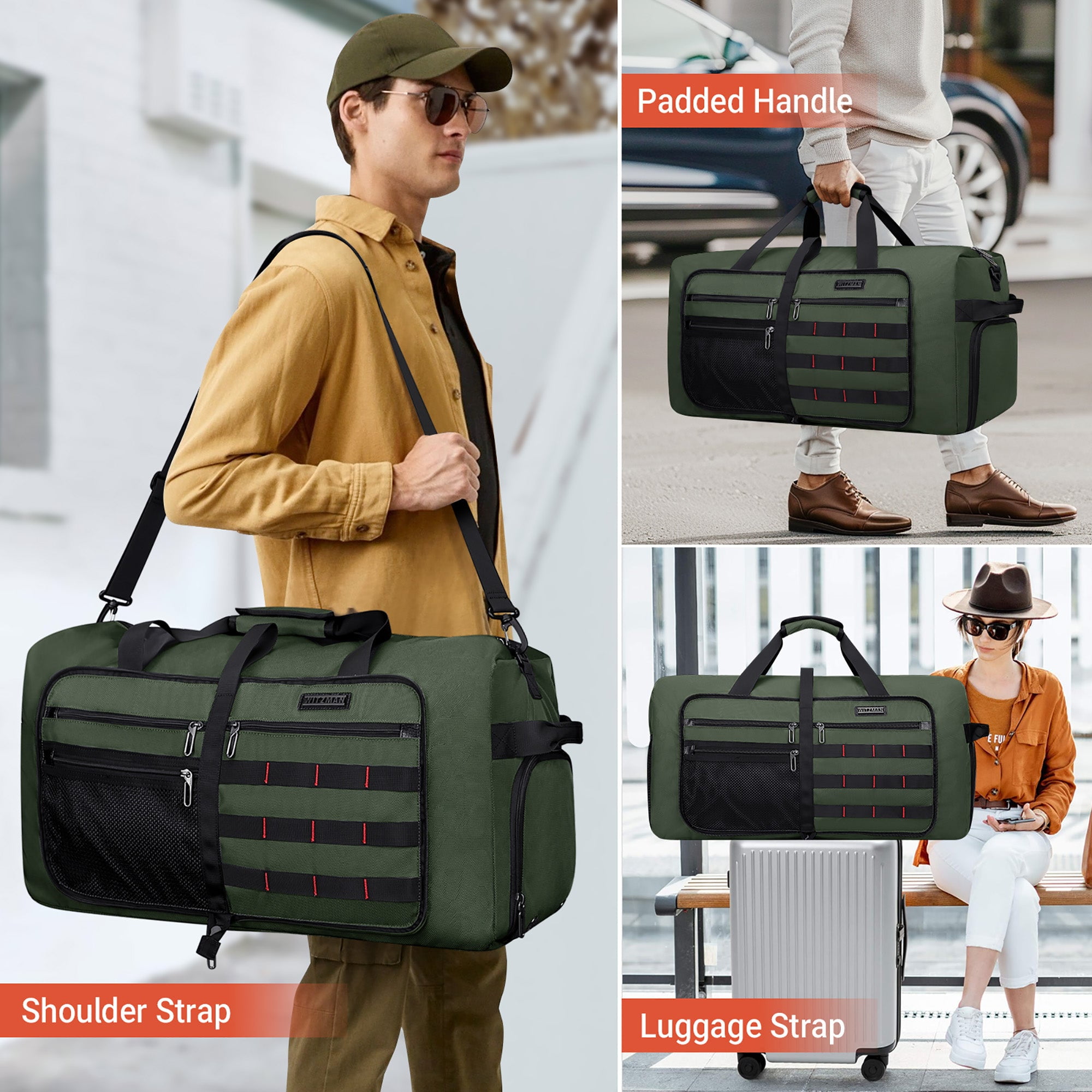 WITZMAN Foldable Duffle Bag for Travel 65L Lightweight Packable Duffel Bag with Shoes Compartment Overnight Bag for Men Women (B697 Army Green)