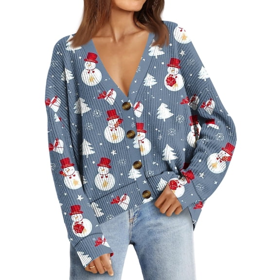 Women's Fashion Loose Knit Long Sleeve Christmas Print V-Neck Button Cardigan for Holiday Casual Wear and Comfortable Fit,Dark Blue,M